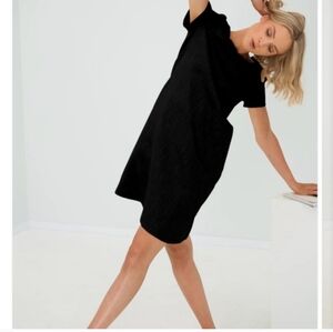 Le MUSE Linen Dress Bow Black Fold Over Boat Neck Medium